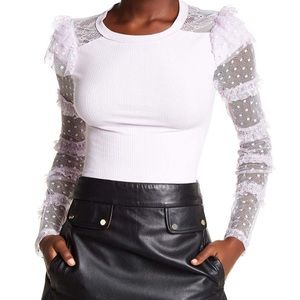 KISSKISS RIBBED BLOUSE wDOTTED LACEMESH RUFFLE L/S